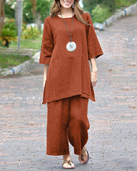 Plus Size Solid Color Retro Pants Casual Long Sleeve Loose Blouse Set