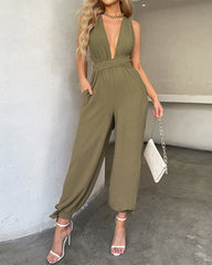 Crisscross Tie Backless Halter Jumpsuit Deep V Neck Sleeveless Jumpsuits