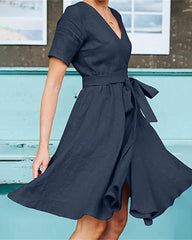 Short Sleeved With Belted Dress Holiday Dresses