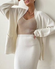 Two Piece Outfit Sweater Set Knitted Cardigan Loose High Waist Long Skirts