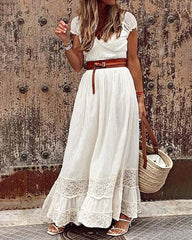 Summer Short Sleeve V Neck Lace Long Dress Wedding Guest Dresses