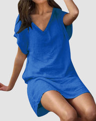 Loose Leisure V-Collar Short Sleeve Summer Cotton Linen Dresses