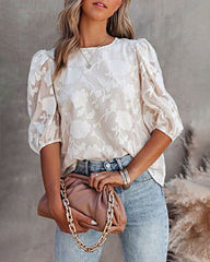 Five Quarter Sleeves Puff Sleeves Round Neck Top Chiffon Loose Flower Texture Casual Shirt