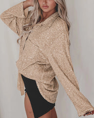 Solid Color Button-down Long-sleeve Sequined Cardigan Shirt