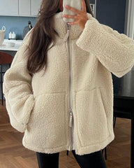 Teddy Fleece Jacket Cozy High Collar Zip-up Coat Fuzzy Winter Outwear with Pockets