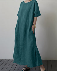 Loose Plus Size Solid Color Short Sleeve Belted Slit Dress