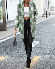 Plaid Dropped Shoulder Cardigan with Pocket