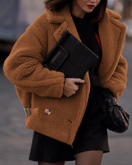 Lapel Fleece Jacket Long Sleeve Pockets Faux Fur Dressy Fall Outfits