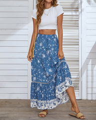 Bohemian Floral Skirt Elastic High Waist A- Line Tiered Flowy Beach Maxi Skirt