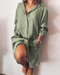 Cotton and Linen Shirt Dress Casual Loose Pocket Midi Dresses