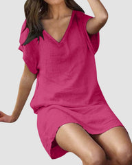 Loose Leisure V-Collar Short Sleeve Summer Cotton Linen Dresses
