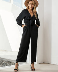 Wide Leg Casual Long Sleeve Solid Color Bowknot V Neck Jumpsuit