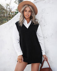 Solid Color Loose V-neck Sleeveless Vest Sweater Dresses