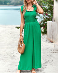 Sleeveless Lace-up Smocked Jumpsuits Solid Loose fit Wide Leg High Wasit Romper