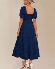 Square Neck Puff Short Sleeve Smocked Boho Maxi Dress Casual Flowy A Line Vacation Long Dress