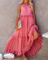 Boho Long Solid Color Loose Sleeveless Halter Neck Ruffle Maxi Dresses