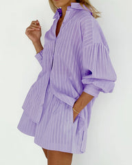 Long Sleeve Striped Shirt Shorts Two Piece Set Shirts Mini Shorts Suit