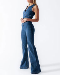 Slim Fit Sleeveless Fashion Street Retro Style High Waist Denim Jumpsuit