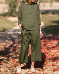 Casual Button Long Sleeve Solid Color Round Neck Tops and Pockets Pants Set