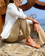 Street Style Two Pieces Sets Cotton Linen Vest Top High Waist Wide Leg Pants