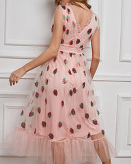 Sleeveless Mesh Strawberry V-Neck Dress