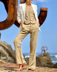 Street Style Two Pieces Sets Cotton Linen Vest Top High Waist Wide Leg Pants