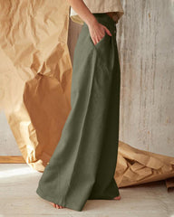 Solid Color High Waist Casual Button Wide Leg Pant
