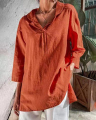 Lapel Neck Loose Fit V-Neck Tops Summer Casual 3/4 Sleeve Asymmetrical Hem Blouse