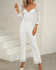 V Neck Jumpsuit Long Sleeve Wedding Lace Bridal Romper