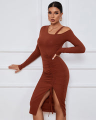 Sexy Drawstring Slit Off Shoulder Long Sleeve Dress