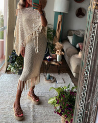 Dolman Sleeve Fringe Knit Sweater Pullover Cape Shawl Blouse
