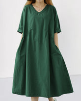 Summer Short Sleeve V-Neck Solid Cotton Casual Dress with Pockets