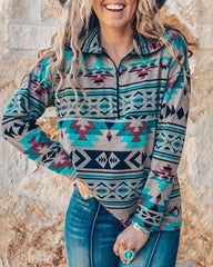Geometric Print Sweatshirts Retro Long Sleeve Bohemia Loose Fit Zip Up Pullover