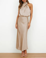 Long Formal Satin Dress Mock Neck High Neck Evening Dress