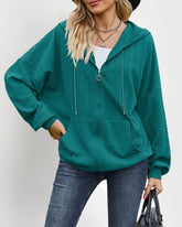 V-Neck Zipper Closure Solid Color Long Loose Hoodie Jacket