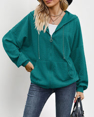 V-Neck Zipper Closure Solid Color Long Loose Hoodie Jacket