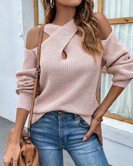 Crisscross Cold-Shoulder Rib-Knit Sweater