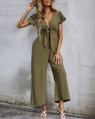 Jumpsuit Wide Leg Casual Short Sleeve Solid Color Bowknot V Neck Jumpsuit
