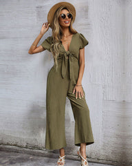 Jumpsuit Wide Leg Casual Short Sleeve Solid Color Bowknot V Neck Jumpsuit