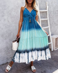 Tie Dye Sleeveless Long Dress Flowy Boho Maxi Sundress Spaghetti V Neck Dress with Belt