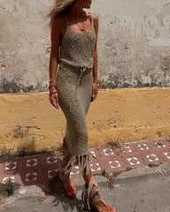 Hollow Suspenders Sleeveless Top Drawstring Tassel Hem Skirt Two-piece Set