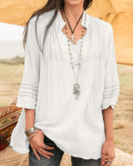 Solid V-Neck Tees Lace Splicing Fold Blouse Flowy Casual Loose Fit Shirt