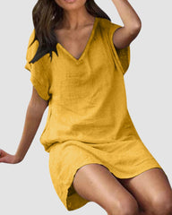 Loose Leisure V-Collar Short Sleeve Summer Cotton Linen Dresses