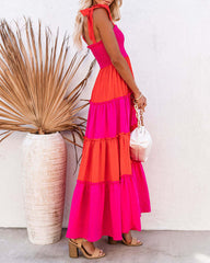 Sleeveless Elegance Suspender Dress with Splicing Wooden Ears Colorblock Maxi Dress