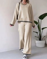 Casual Two Piece Set Contrast Color Sweater Top & Wide Leg Pants