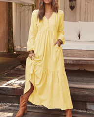 Loose Long Sleeve Dress V Neck Button Beach Sundress