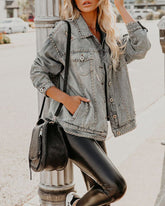 Loose Rivet Beading Ripped Cropped Denim Jacket