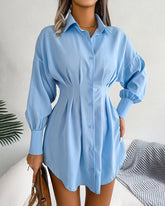 Lantern Sleeve Waisted Asymmetric Shirt Dress