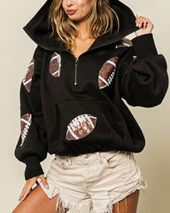 Rugby Sequined Hoodie Zipper Drawstring Long Sleeve Sweatshirt Top