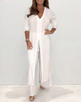 Casual Two Pieces Suit V-Neck Long Sleeve Slit Hem Shirt Tops Wide-Leg Pants Sets